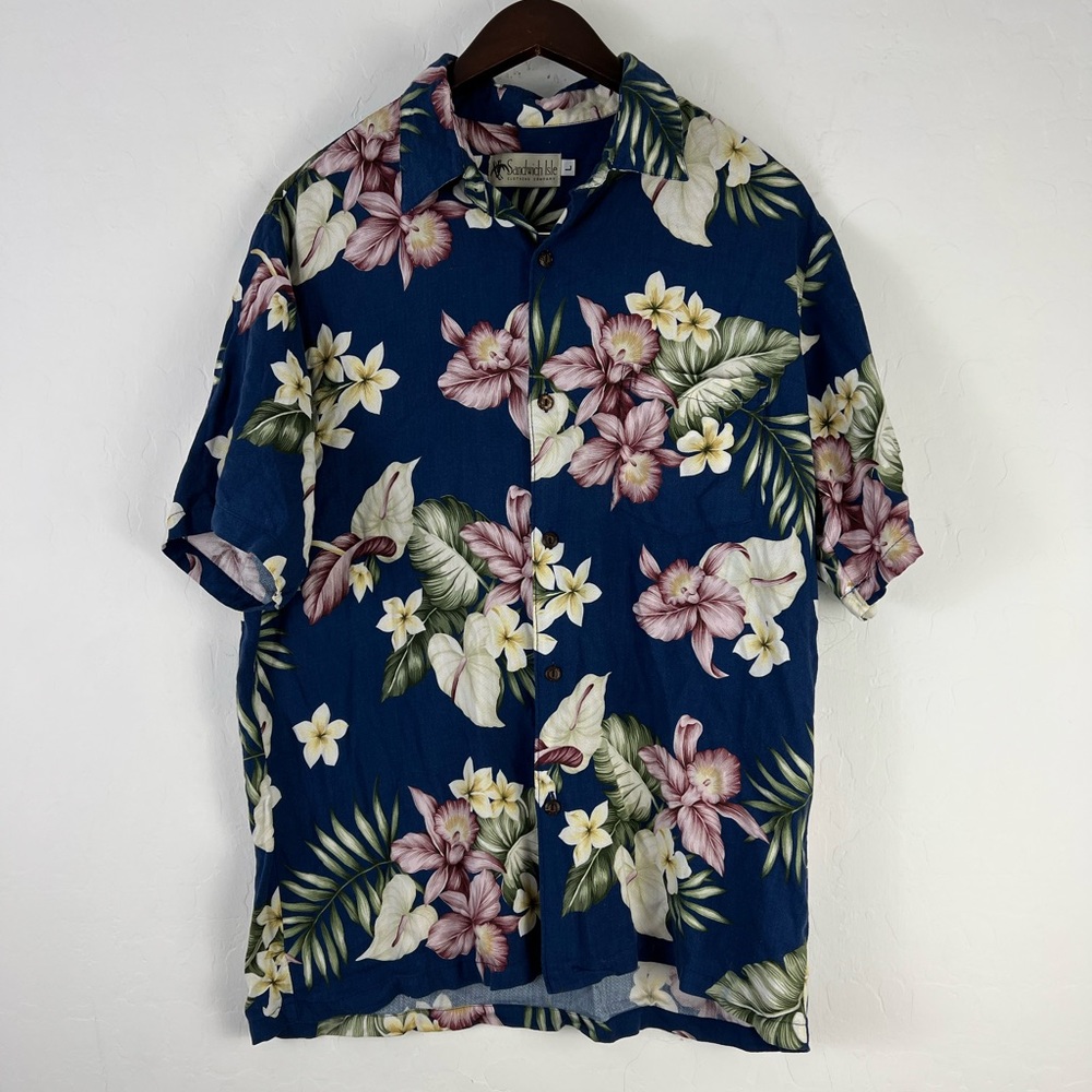 Sandwich Isle Shirt Size Large Hawaiian tropical hibiscus pink blue green aloha